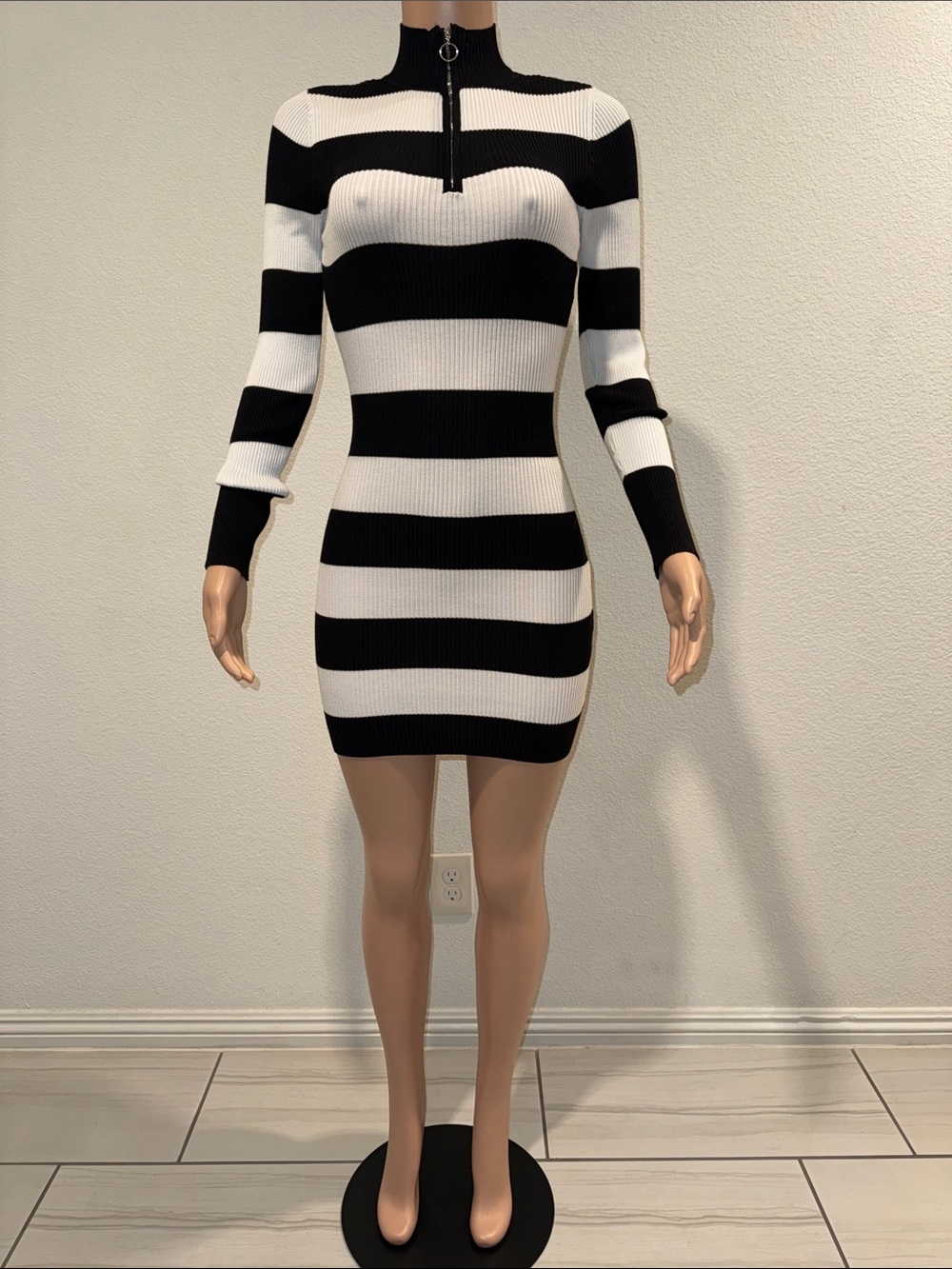 Black & White Striped Mini Dress with Zip Collar